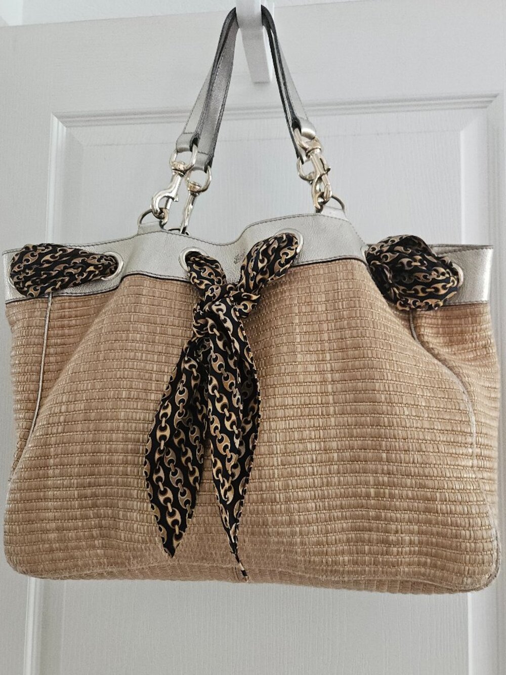 Gucci Large Raffia Positano Tote Bag Calfskin Trim with Gucci Scarf